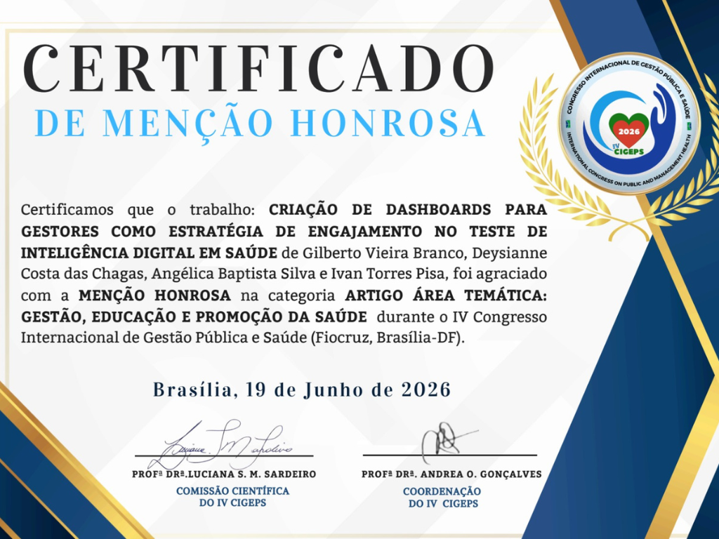 Projeto IDs recebe Menção Honrosa no IV Congresso Internacional de Gestão Pública e Saúde